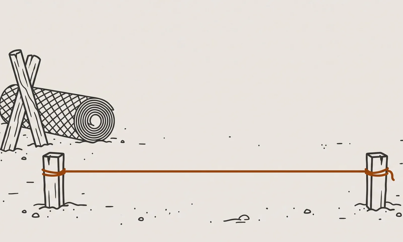 Flat illustration of a taut marking line stretched low across an open, partly cleared yard between two plain stake markers, with a stack of wood posts and a coiled roll of chain-link mesh resting at the edge of the frame, ground cleared before a fence goes in