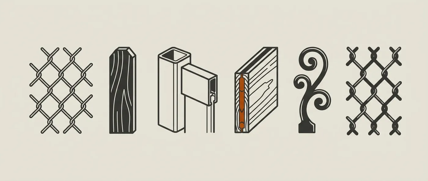 Flat illustration of six isolated fencing material swatches in a row: a chain-link diamond mesh segment, a wood picket profile, a vinyl panel corner, a composite plank cross-section, an ornamental iron scroll, and a sports-fence diamond mesh segment