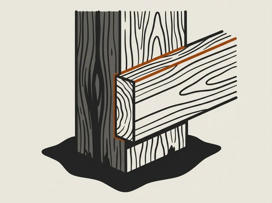 Flat illustration of a single fence post base showing a fresh board splice where a repair joins two sections of wood